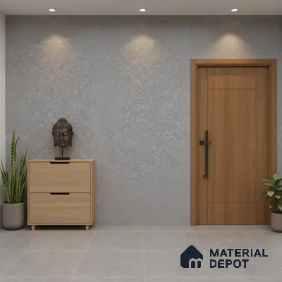 Minimalist foyer with light oak laminate console, grey textured wall tiles, and large format grey floor tiles