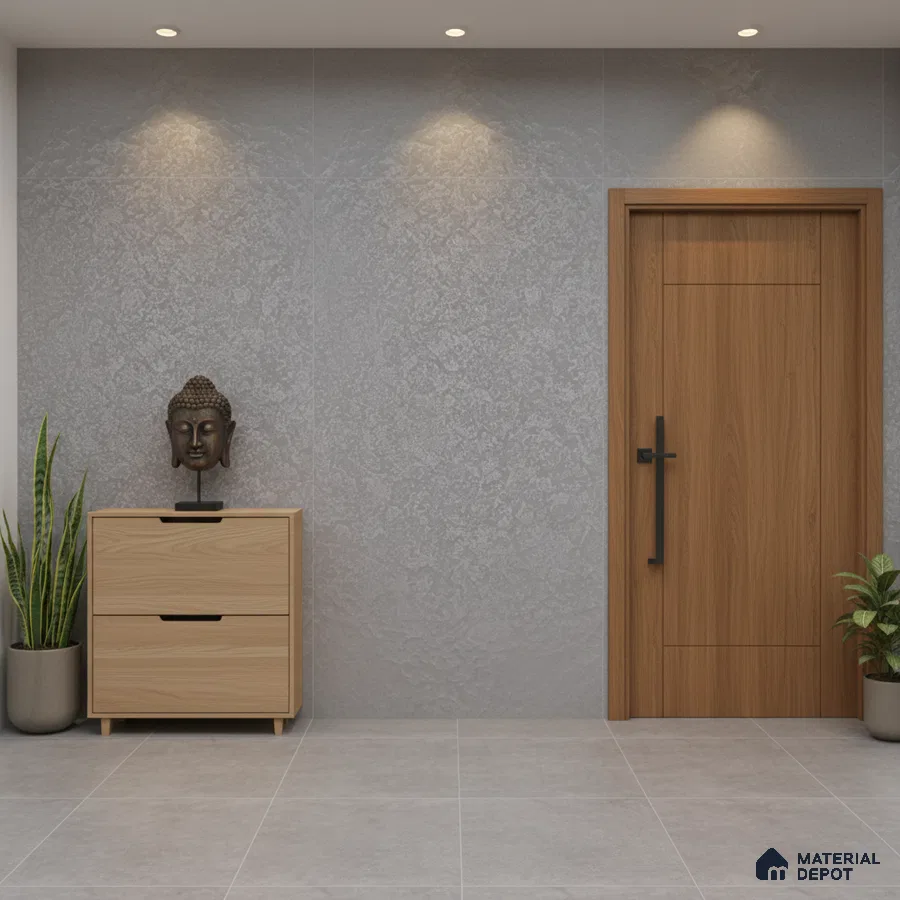 Minimalist foyer with light oak laminate console, grey textured wall tiles, and large format grey floor tiles