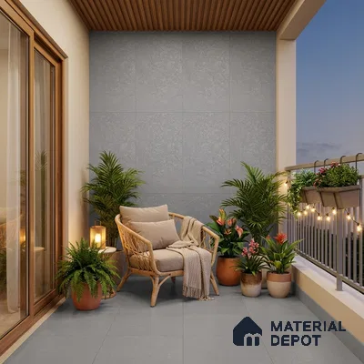 Scandinavian balcony with grey stone tiles, wooden ceiling louvers, and rattan seating
