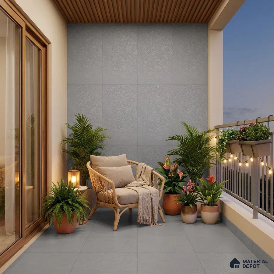 Scandinavian balcony with grey stone tiles, wooden ceiling louvers, and rattan seating