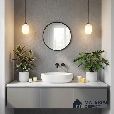 Minimalist bathroom with grey textured wall tile, matte grey vanity, and white marble countertop
