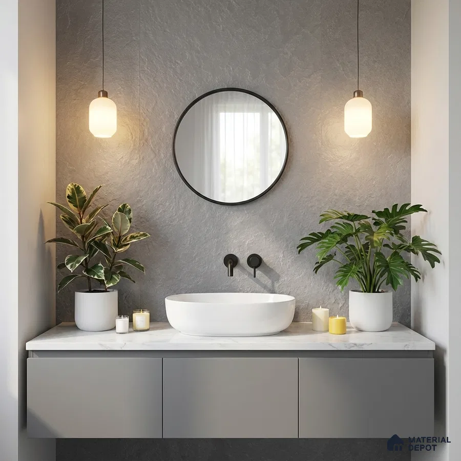 Minimalist bathroom with grey textured wall tile, matte grey vanity, and white marble countertop