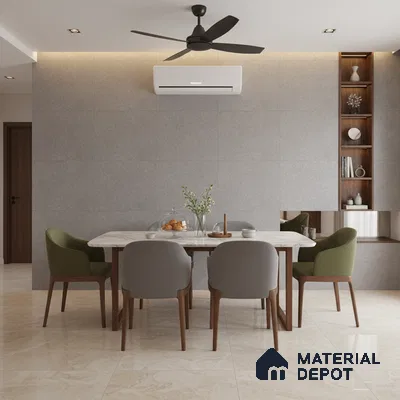 Modern dining room with marble top table, beige marble floor tiles, and grey textured wall tiles
