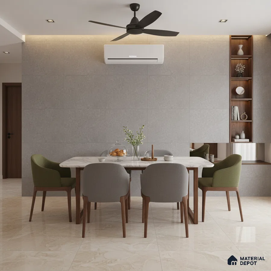 Modern dining room with marble top table, beige marble floor tiles, and grey textured wall tiles