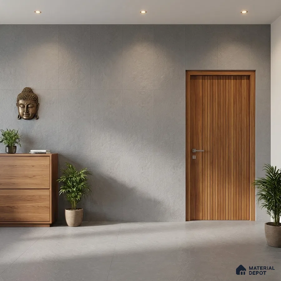 Minimalist foyer with grey stone wall tiles, wooden laminate door, and natural wood console