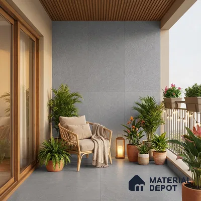 Scandinavian balcony with grey stone floor tiles, wooden ceiling louvers, and potted plants