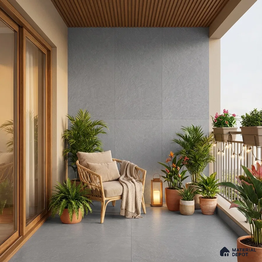 Scandinavian balcony with grey stone floor tiles, wooden ceiling louvers, and potted plants