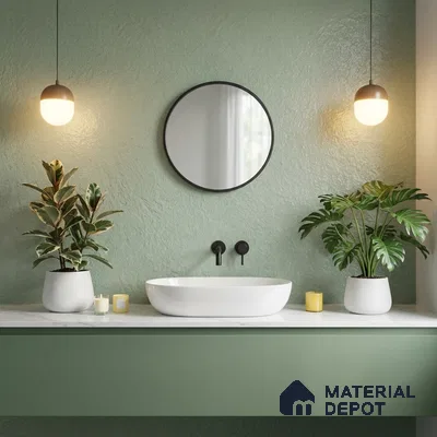 Scandinavian bathroom with sage green wall paint, white marble countertop, and matte green vanity