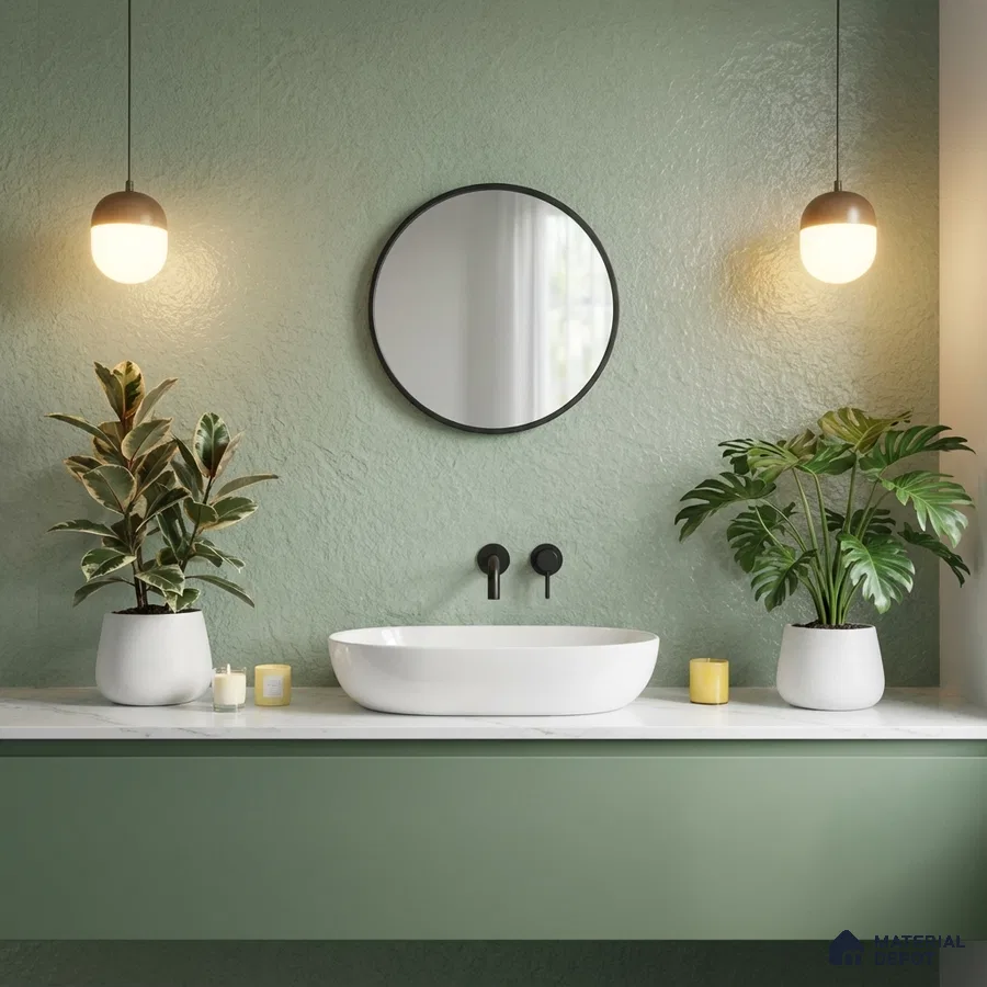 Scandinavian bathroom with sage green wall paint, white marble countertop, and matte green vanity