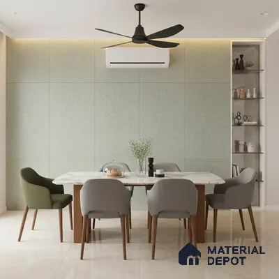 Modern dining room with sage green textured wall panels, marble dining table, and beige marble floor tiles