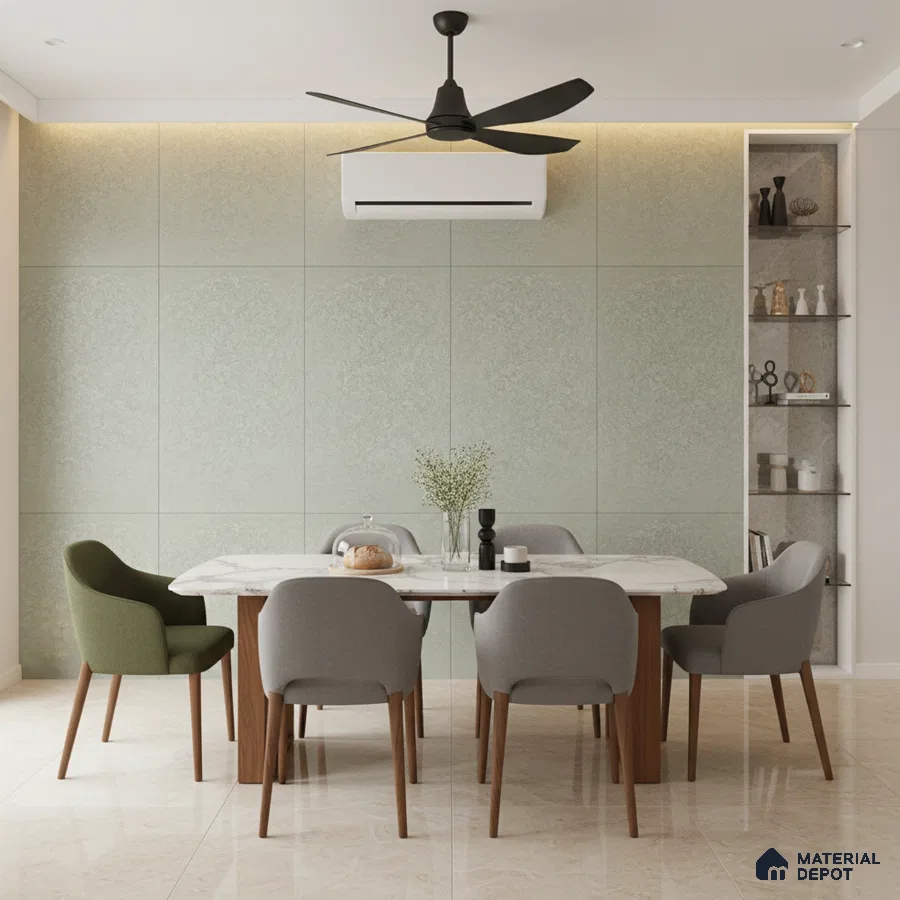 Modern dining room with sage green textured wall panels, marble dining table, and beige marble floor tiles