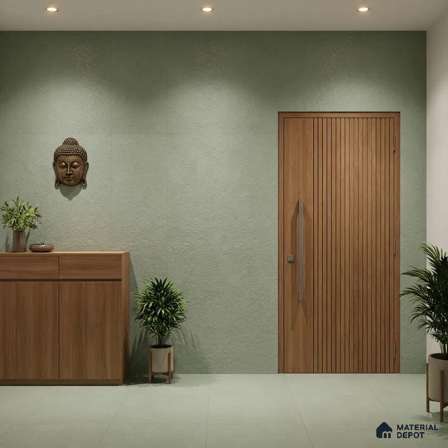 Minimalist foyer with sage green textured wall tiles and natural oak wood laminate door and console