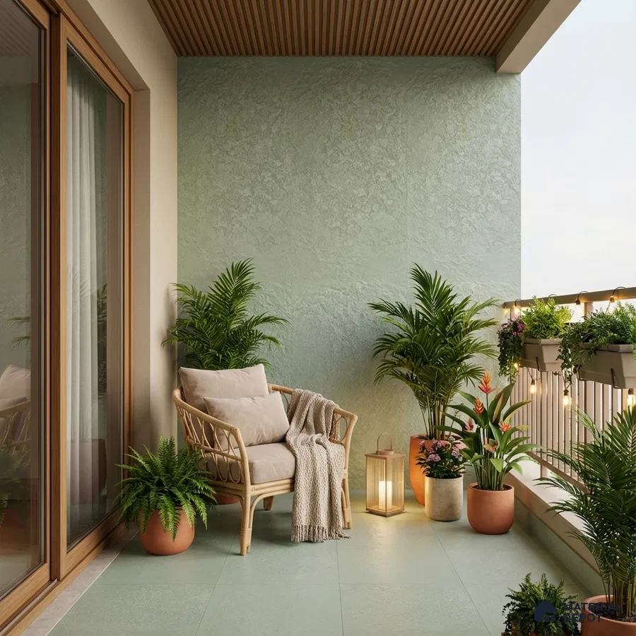 Scandinavian balcony with sage green textured wall, light ceramic floor tiles, and wooden louver ceiling
