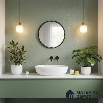 Scandinavian bathroom with sage green textured wall, white marble countertop, and green vanity