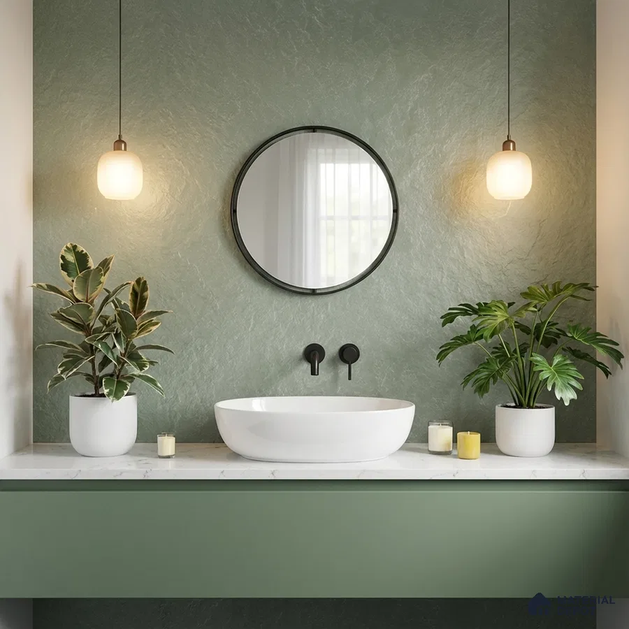 Scandinavian bathroom with sage green textured wall, white marble countertop, and green vanity