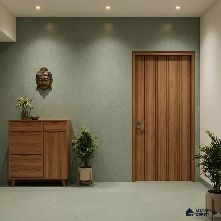 Minimalist foyer with sage green stone tiles and walnut wood laminate door and cabinet