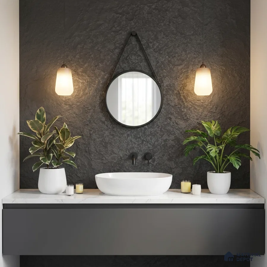 Minimalist bathroom with black textured wall tile, white marble countertop, and matte grey vanity