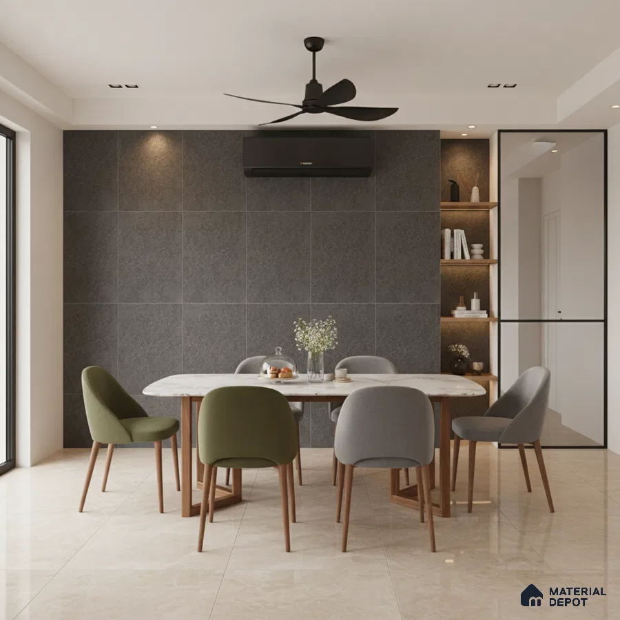 Modern dining room with grey stone wall tiles, beige marble floor tiles, and white marble dining table