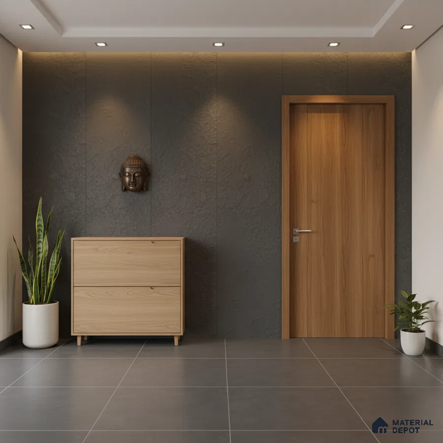 Minimalist foyer with textured charcoal wall panels, light oak laminate door and cabinet, and large grey floor tiles
