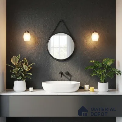 Minimalist bathroom with black textured wall tile and white marble countertop