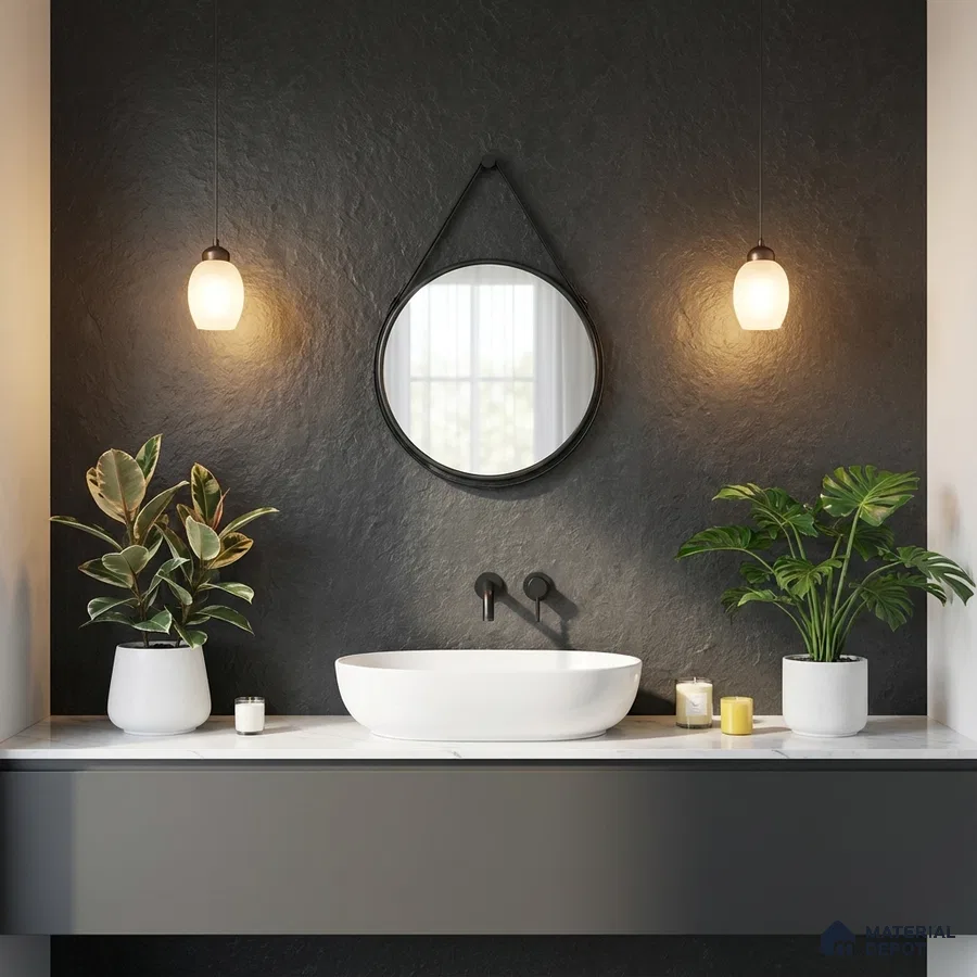 Minimalist bathroom with black textured wall tile and white marble countertop