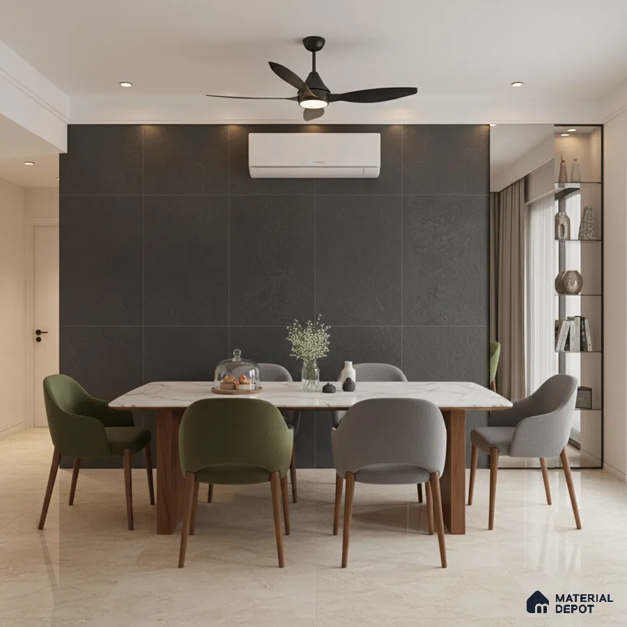 Modern dining room with black stone accent wall, marble dining table, and beige marble floor tiles