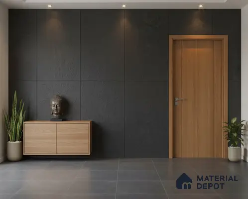 Minimalist foyer with black stone wall cladding, light oak laminate console, and grey floor tiles