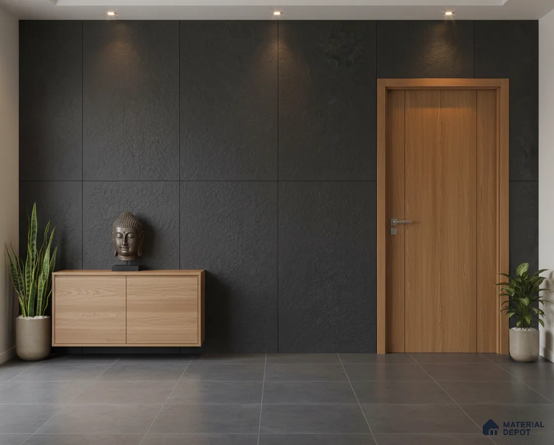 Minimalist foyer with black stone wall cladding, light oak laminate console, and grey floor tiles