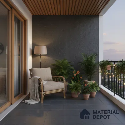 Modern balcony with charcoal stone wall, wooden ceiling louvers, and grey floor tiles