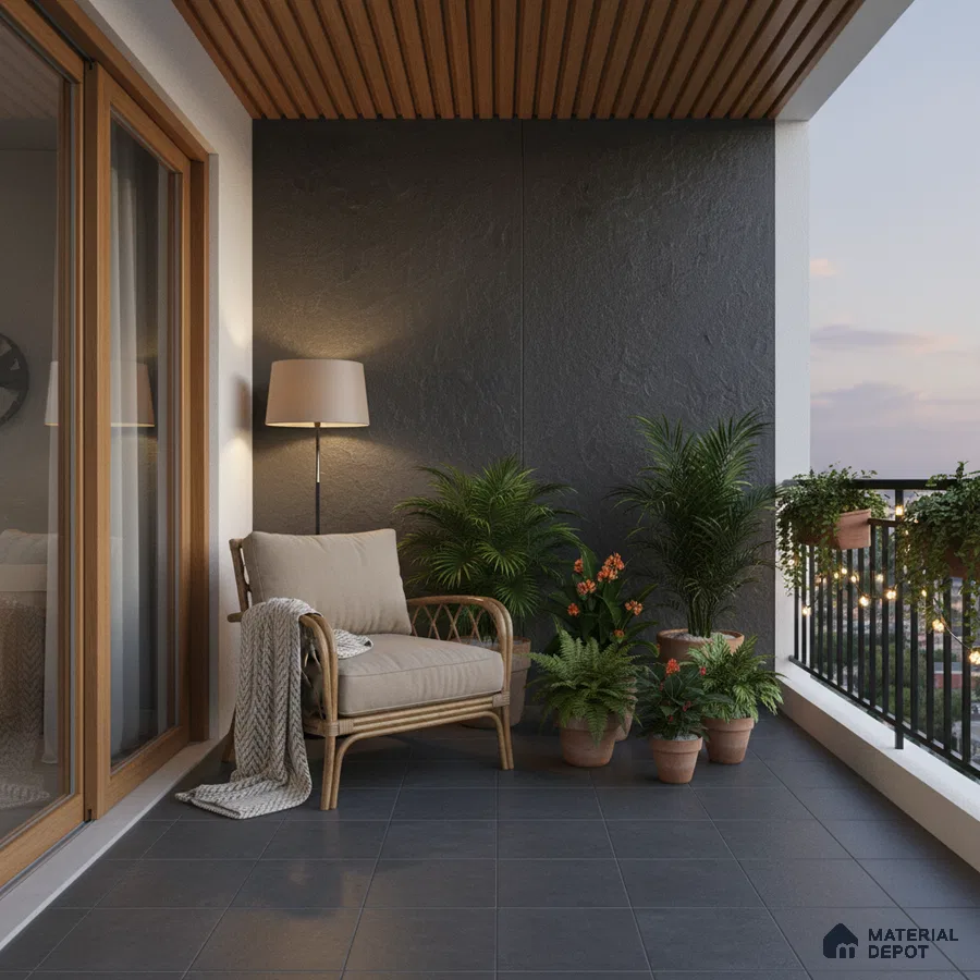 Modern balcony with charcoal stone wall, wooden ceiling louvers, and grey floor tiles