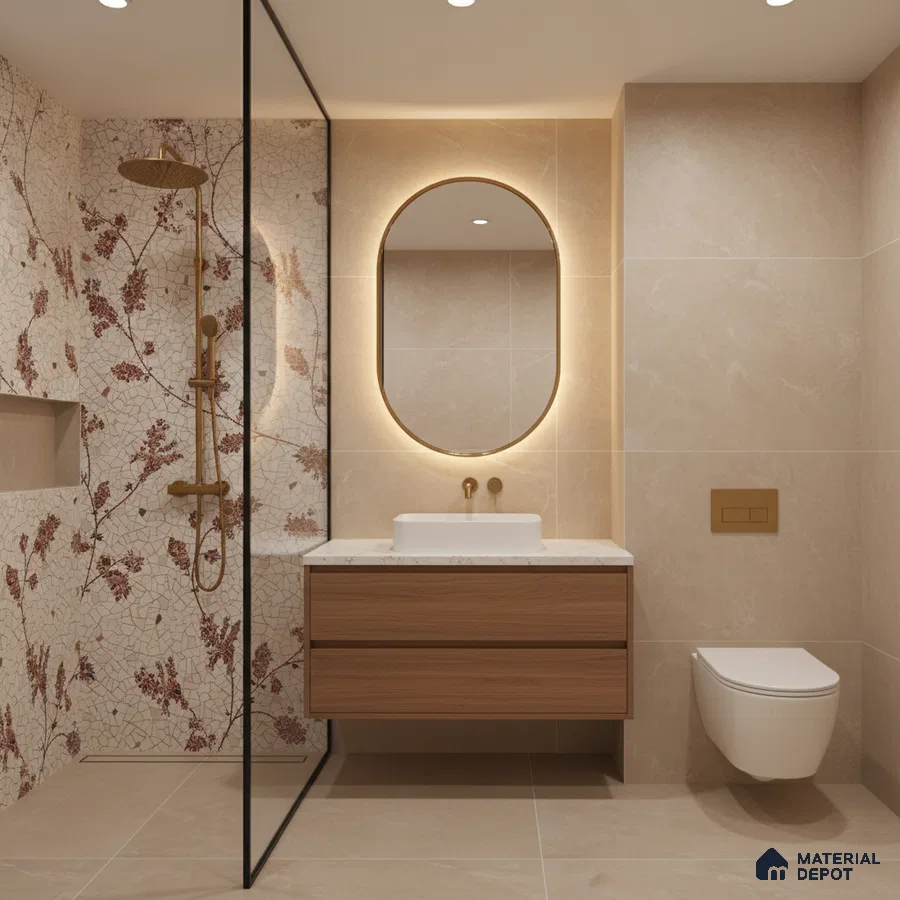 Modern bathroom with beige stone tiles, floral mosaic highlighter wall tile, and wood vanity
