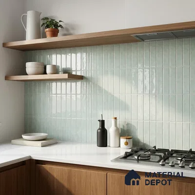 Modern Kitchen with Sage Green Glossy Stacked Subway Backsplash Tile