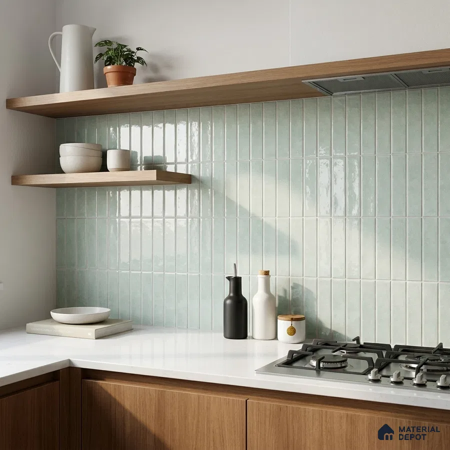 Modern Kitchen with Sage Green Glossy Stacked Subway Backsplash Tile