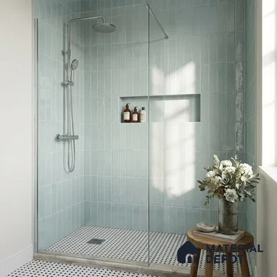 Modern Bathroom with Sage Green Glossy Stacked Subway Shower Tile