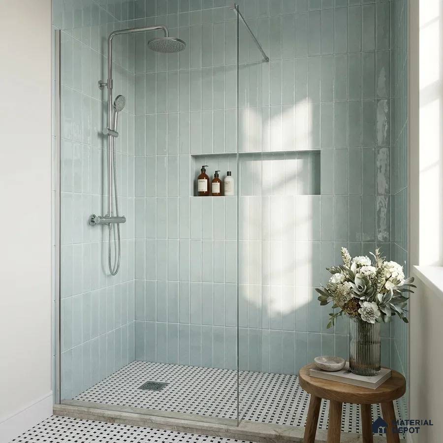 Modern Bathroom with Sage Green Glossy Stacked Subway Shower Tile