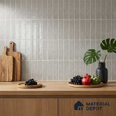 Modern Kitchen with Light Grey Glossy Stacked Subway Backsplash Tile