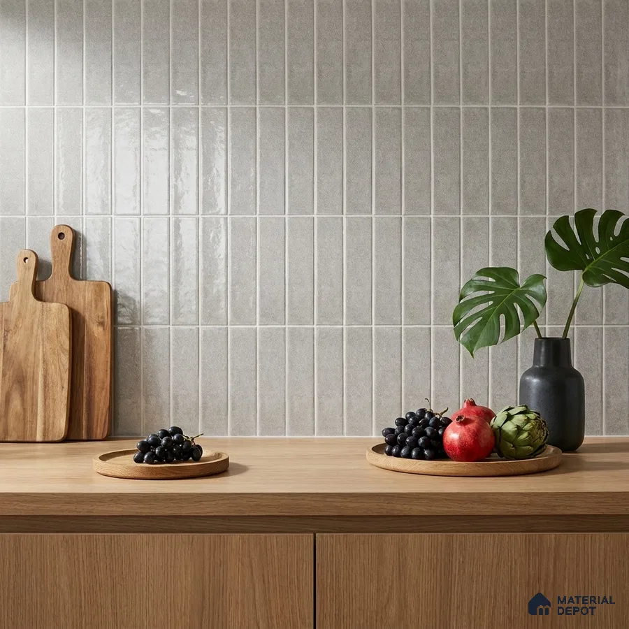 Modern Kitchen with Light Grey Glossy Stacked Subway Backsplash Tile