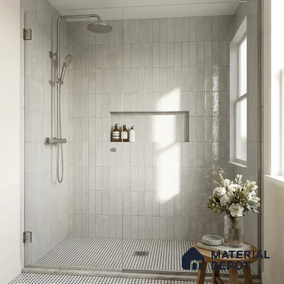 Modern Bathroom with Light Grey Glossy Stacked Subway Shower Tile