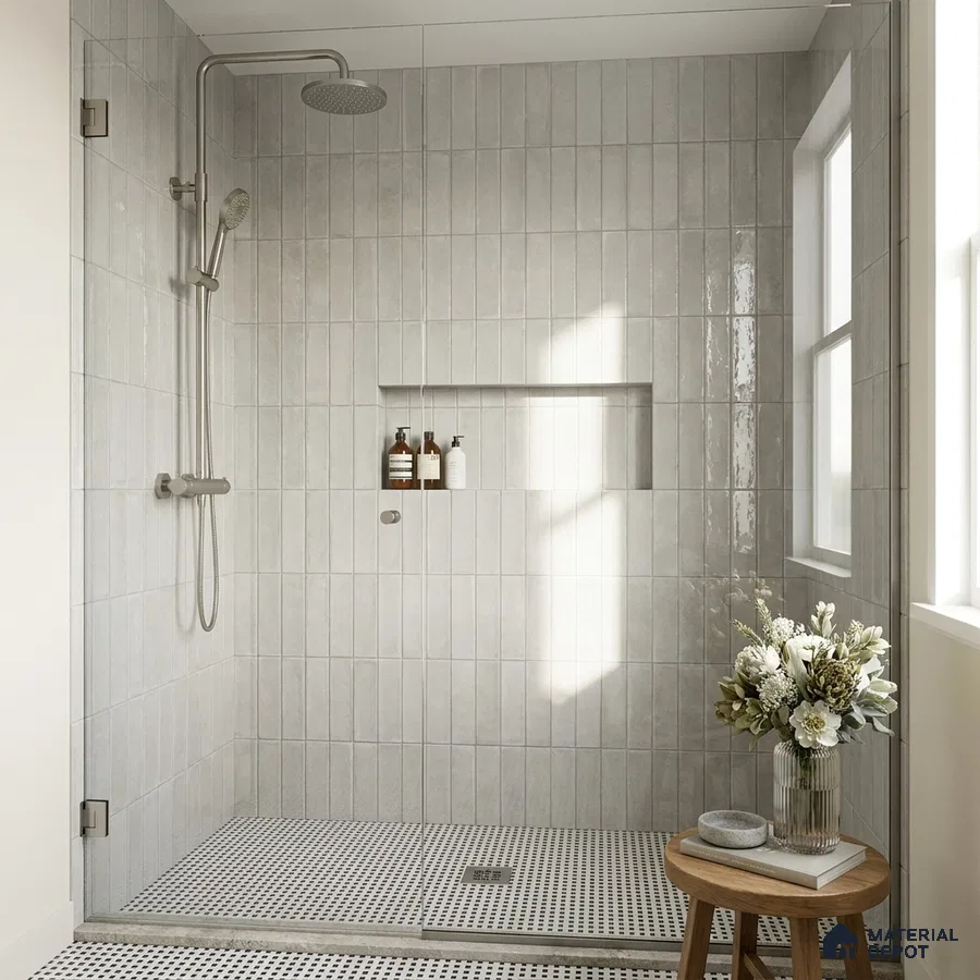 Modern Bathroom with Light Grey Glossy Stacked Subway Shower Tile