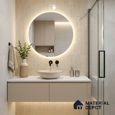 Modern Bathroom with Cream Latte Glossy Stacked Subway Accent Tile