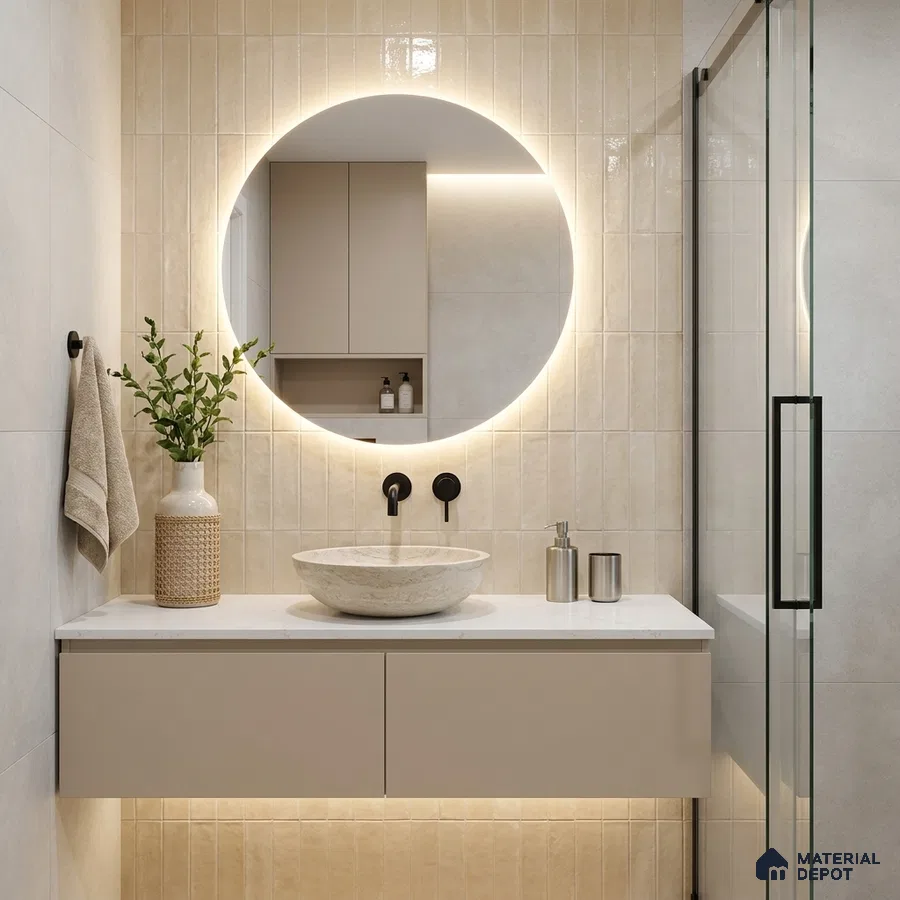 Modern Bathroom with Cream Latte Glossy Stacked Subway Accent Tile