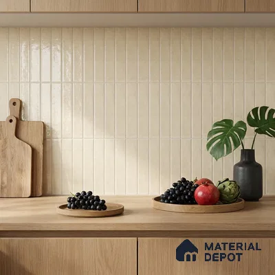 Modern Kitchen with Cream Latte Glossy Stacked Subway Backsplash Tile