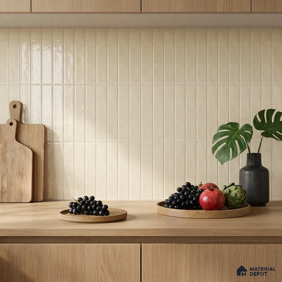 Modern Kitchen with Cream Latte Glossy Stacked Subway Backsplash Tile