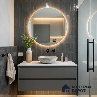 Modern Bathroom with Charcoal Grey Glossy Stacked Subway Accent Tile