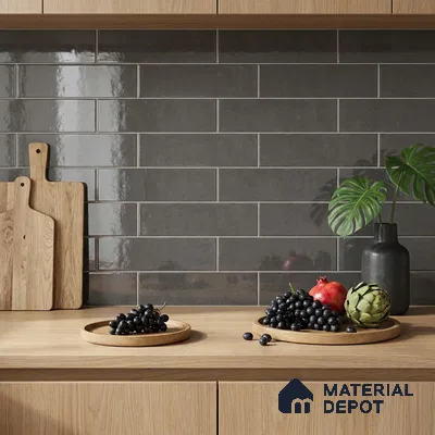 Modern Kitchen with Charcoal Grey Glossy Subway Tile and Oak Cabinets