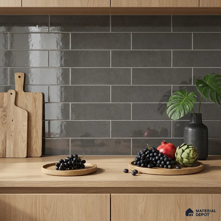 Modern Kitchen with Charcoal Grey Glossy Subway Tile and Oak Cabinets