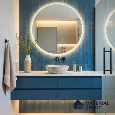 Modern Bathroom with Blue Glossy Stacked Tile and Round Backlit Mirror