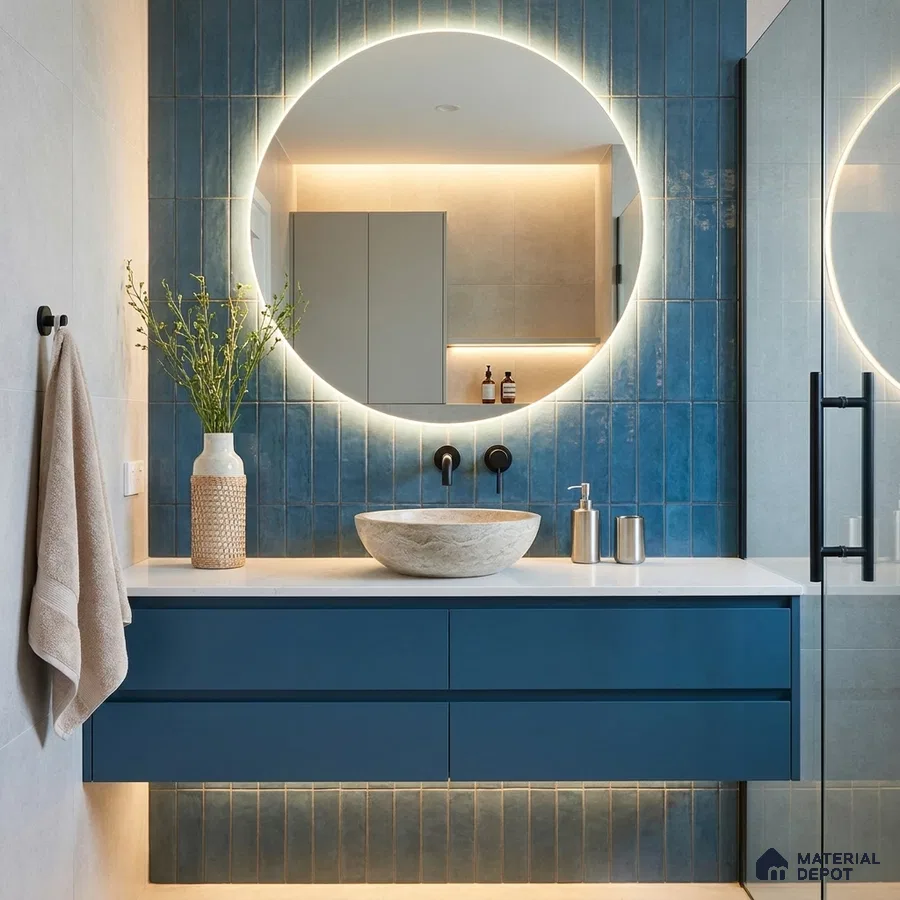 Modern Bathroom with Blue Glossy Stacked Tile and Round Backlit Mirror