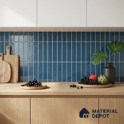 Modern Kitchen with Blue Glossy Stacked Subway Tile and Oak Cabinets