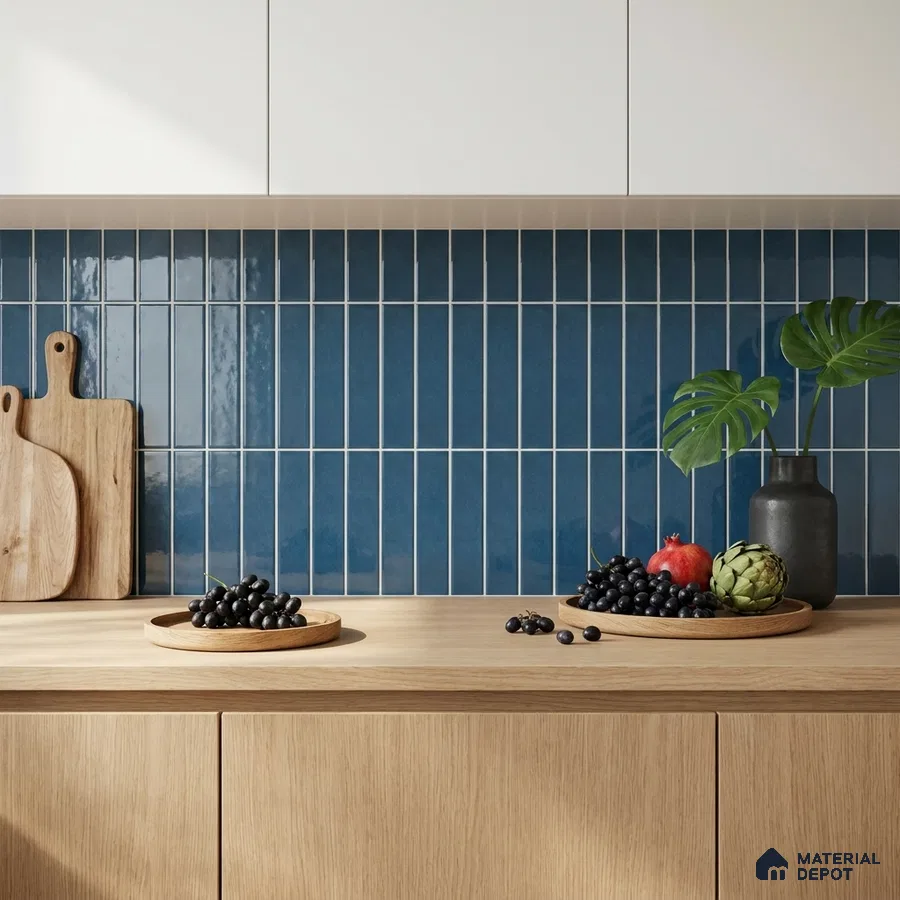 Modern Kitchen with Blue Glossy Stacked Subway Tile and Oak Cabinets